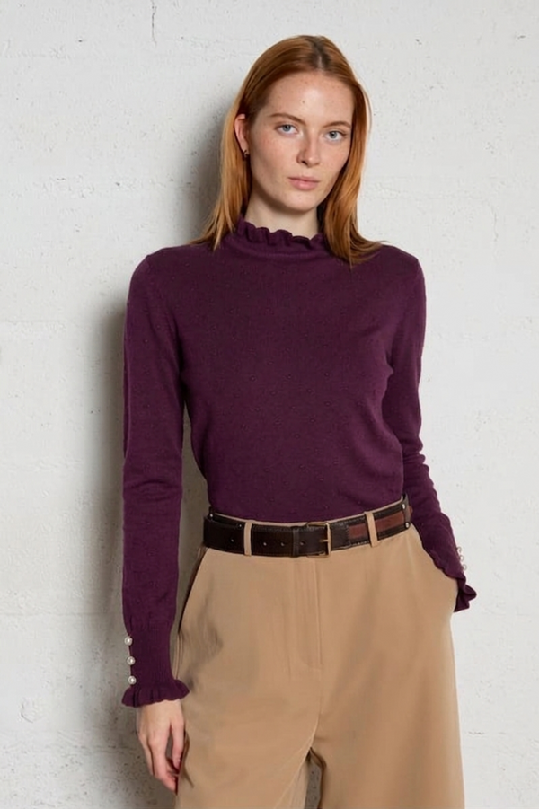 LA PETITE ETOILE Solferino Jacquard ruffled round-neck sweater