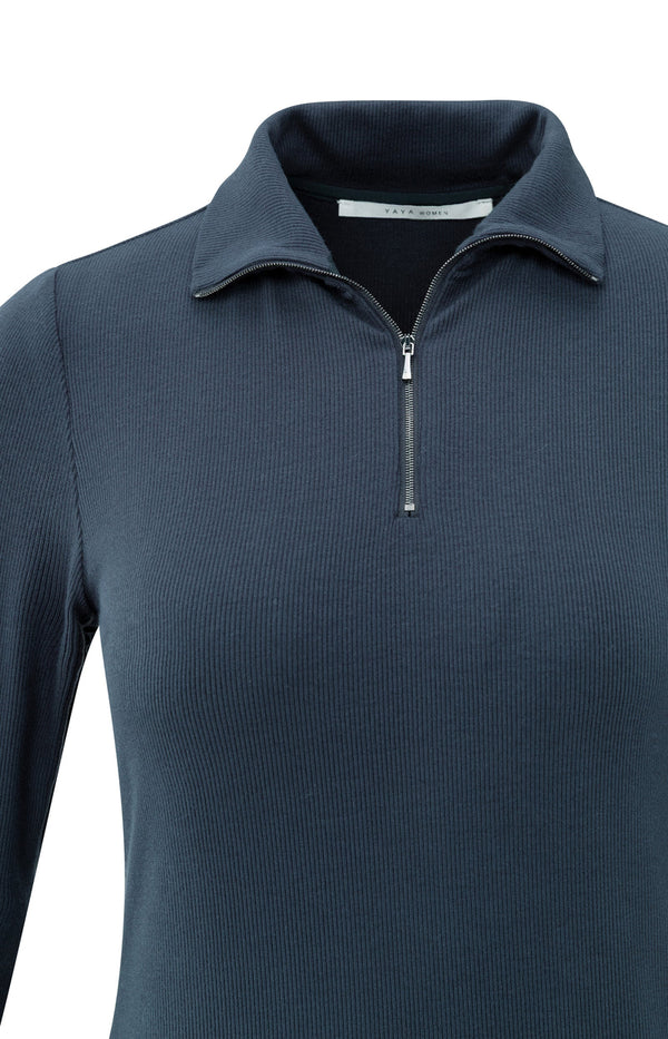 YAYA Ribbed long sleeve top with zip collar- Collegiate Blue