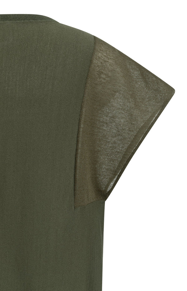 YAYA Top with Sheer Short Sleeves & Crew Neck - Army Green