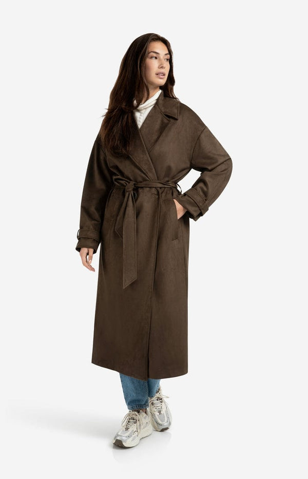 YAYA Long Lenth Oversized Suedine Coat - Brown