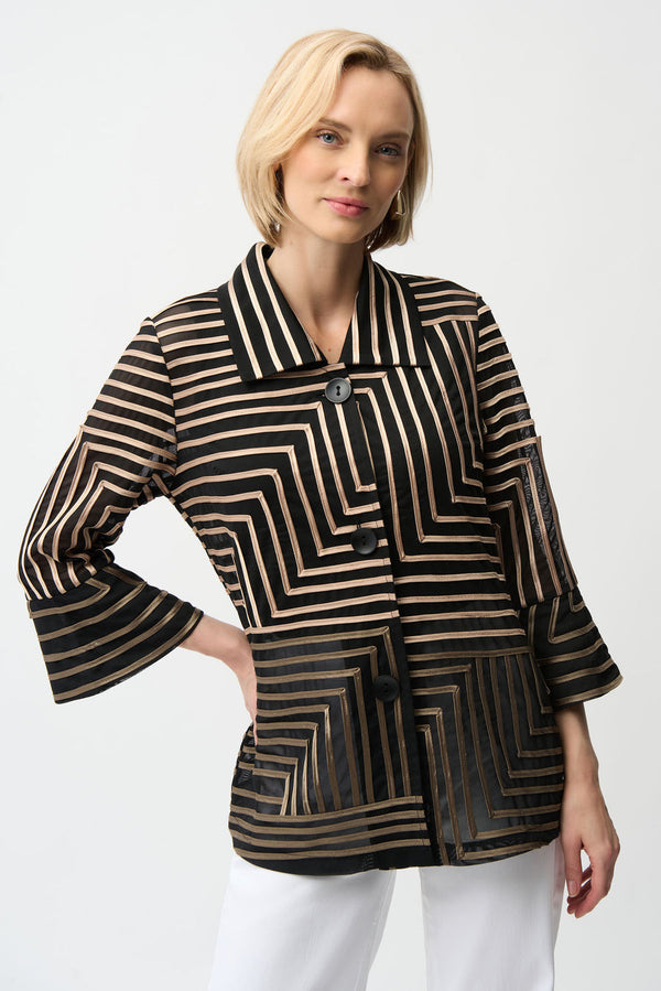 Joseph Ribkoff Satin Soutache LDS jacket - Black/Campagne- Abstract Print