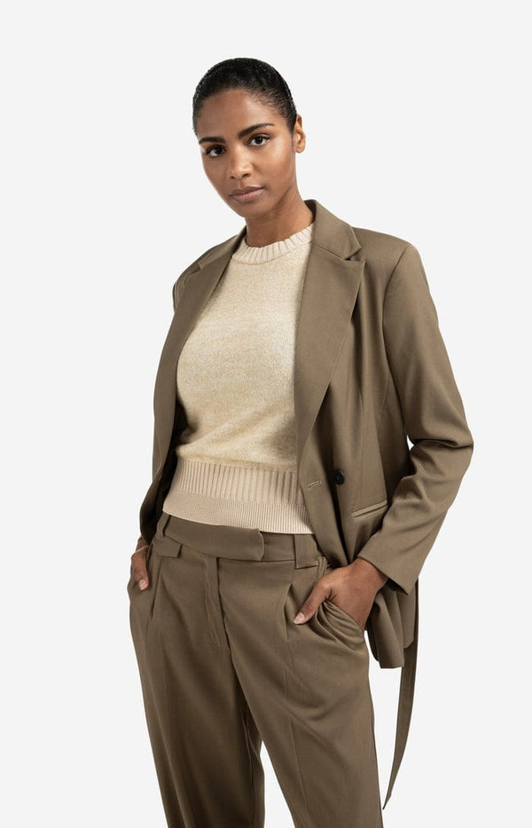 YAYA Loose Fit Blazer With Belt Detail - Caspers Brownish Green
