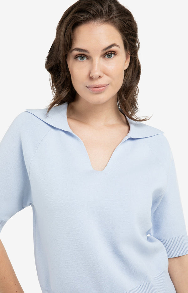 YAYA Short Sleeve Sweater With Collar - Ice Blue