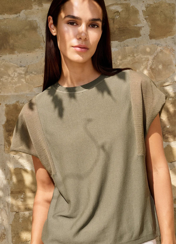 YAYA Top with Sheer Short Sleeves & Crew Neck - Army Green