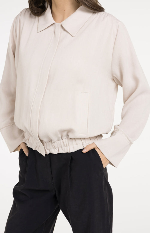 YAYA Linen Blouse Jacket with Collar & Elasticated Hem - Cloud Cream White