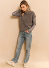 YAYA Ribbed Shoulder Pads Long Sleeve Top - Dark Night Grey Dess