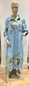 Made in Italy Linen Dress - Floral Spray Blue