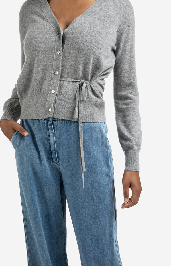 YAYA V-neck Tie Waist Cardigan-Medium Grey Melange