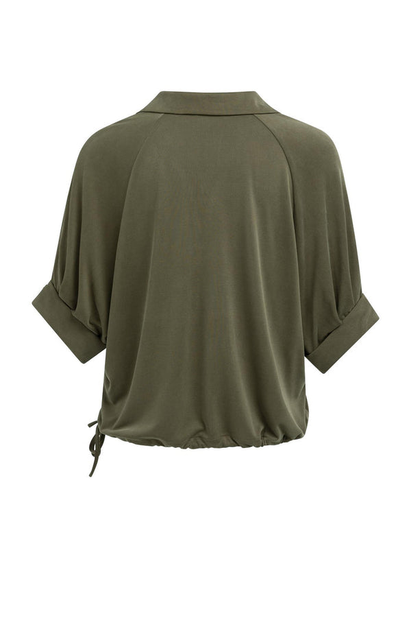 YAYA Jersey Top With Pleated Sleeves - Army Green
