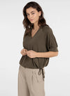 YAYA Jersey Top With Pleated Sleeves - Army Green