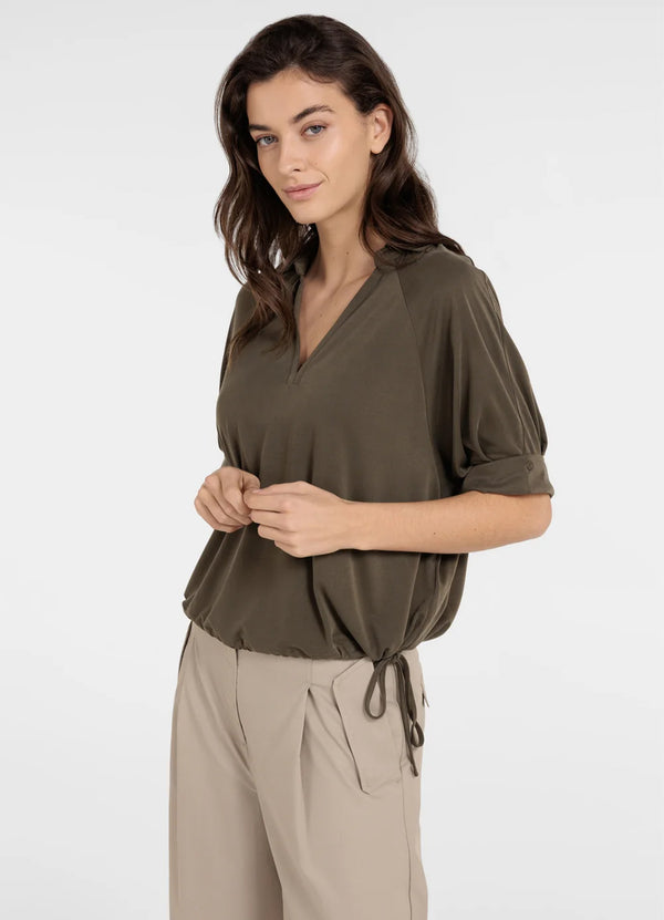 YAYA Jersey Top With Pleated Sleeves - Army Green