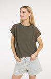 YAYA Top with Sheer Short Sleeves & Crew Neck - Army Green