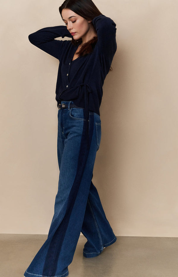 YAYA V-neck Tie Waist Cardigan - InkwellBlue