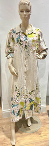 Made in Italy Linen Dress - Floral Spray Stone