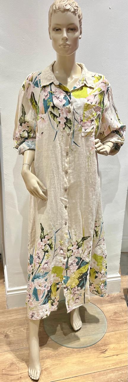Made in Italy Linen Dress - Floral Spray Stone