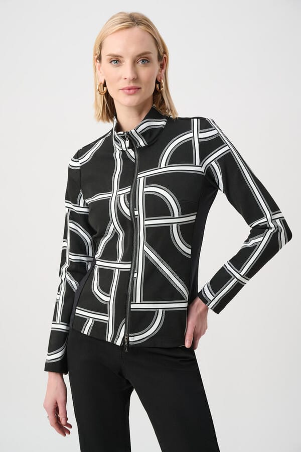 Joseph Ribkoff Collared Casual Long Sleeve Jacket - Black/Off White