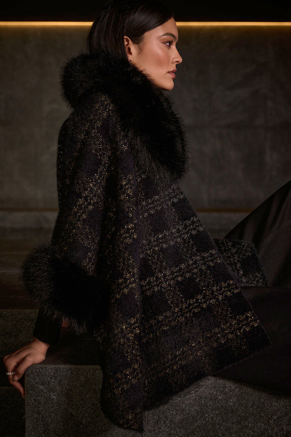 Joseph Ribkoff Jacquard Sweater Knit Faux Fur Accents Cape - Black/Gold