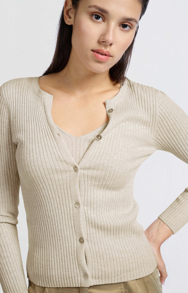YAYA Faux Layered Ribbed Cardigan