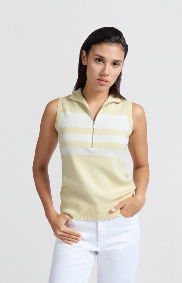 Yaya Sleeveless sweater with block stripes and half-zip-Humus Beige Dressin