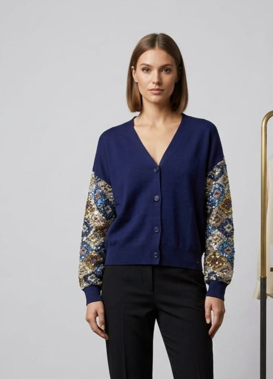 Made in Italy- UB Creative Jersey Knit Cardigan - Navy