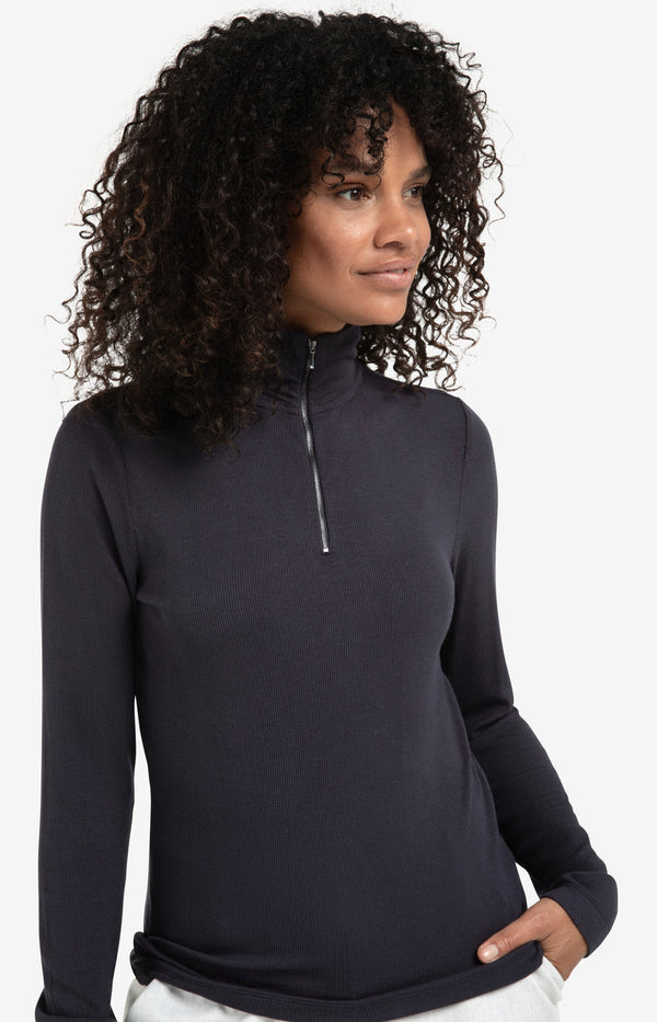 YAYA Ribbed long sleeve top with zip collar- Collegiate Blue