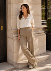 Yaya Wide Leg Tailored Trouser with Side Stitching - Khaki Green