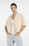 YAYA Oversized Denim Jacket with Short Sleeves -Warm Beige