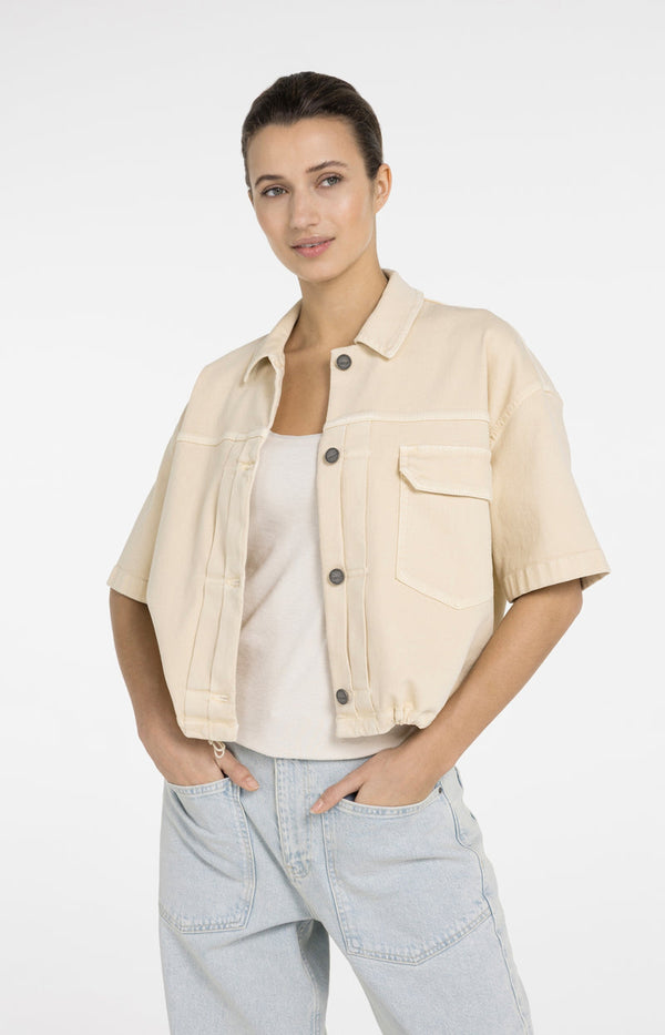 YAYA Oversized Denim Jacket with Short Sleeves -Warm Beige