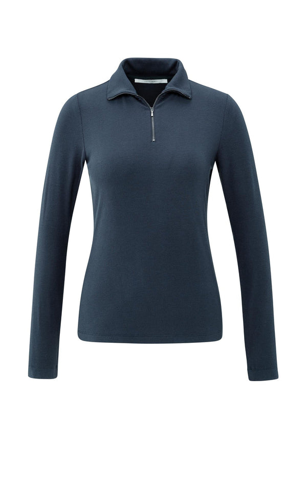 YAYA Ribbed long sleeve top with zip collar- Collegiate Blue