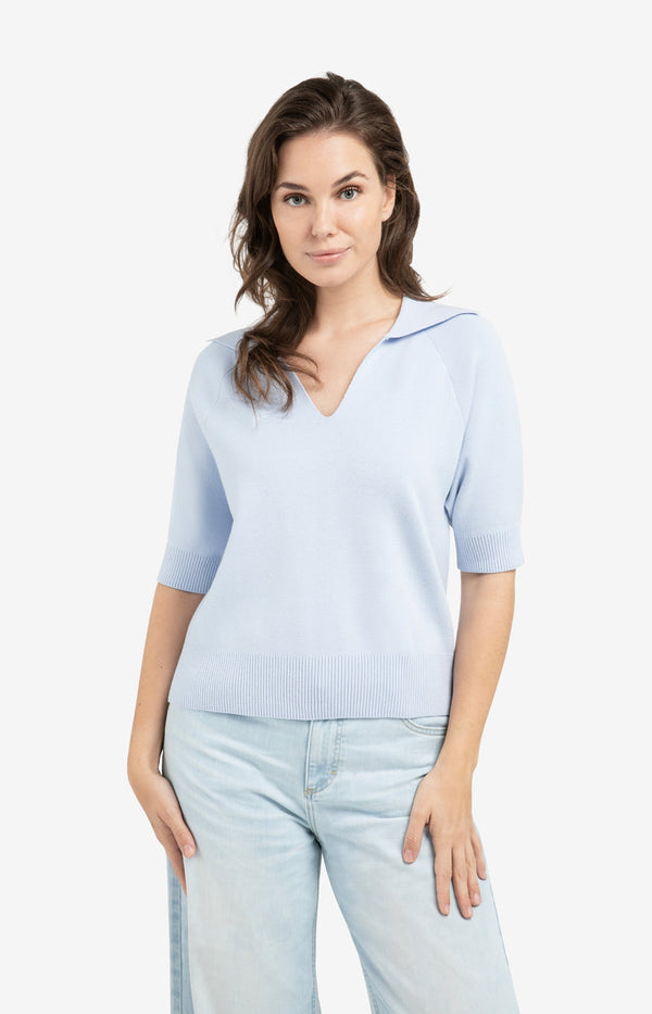 YAYA Short Sleeve Sweater With Collar - Ice Blue
