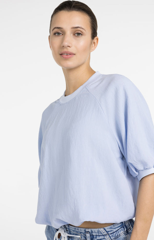 YAYA Woven T-Shirt with Balloon Sleeves and Zip - Light Blue