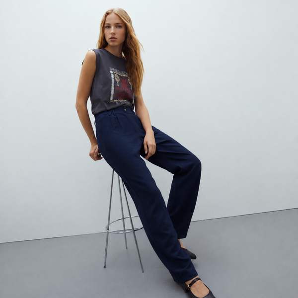 ANDAM Straight-Leg Trousers with Pleats - NavyBlue-109