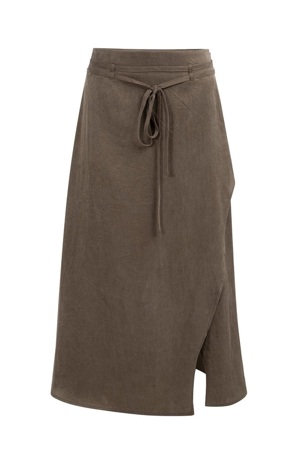 YAYA Midi Skirt with Wrap Effect & Tie belt - Washed Brown
