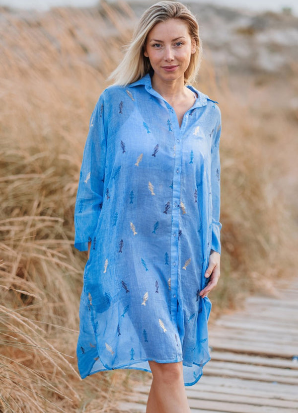 Isla Bonita Cotton Shirt Dress - Blue