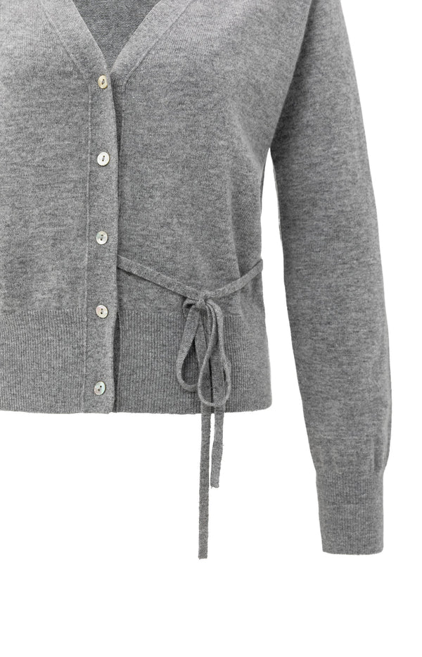 YAYA V-neck Tie Waist Cardigan-Medium Grey Melange