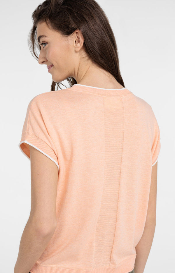 YAYA Short Sleeve Sweater with Stitch Details-Peach Palazzo Orange