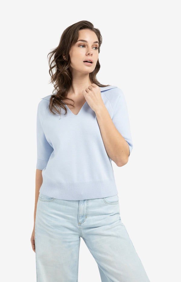 YAYA Short Sleeve Sweater With Collar - Ice Blue