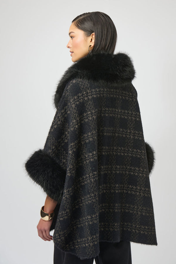 Joseph Ribkoff Jacquard Sweater Knit Faux Fur Accents Cape - Black/Gold