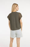 YAYA Top with Sheer Short Sleeves & Crew Neck - Army Green