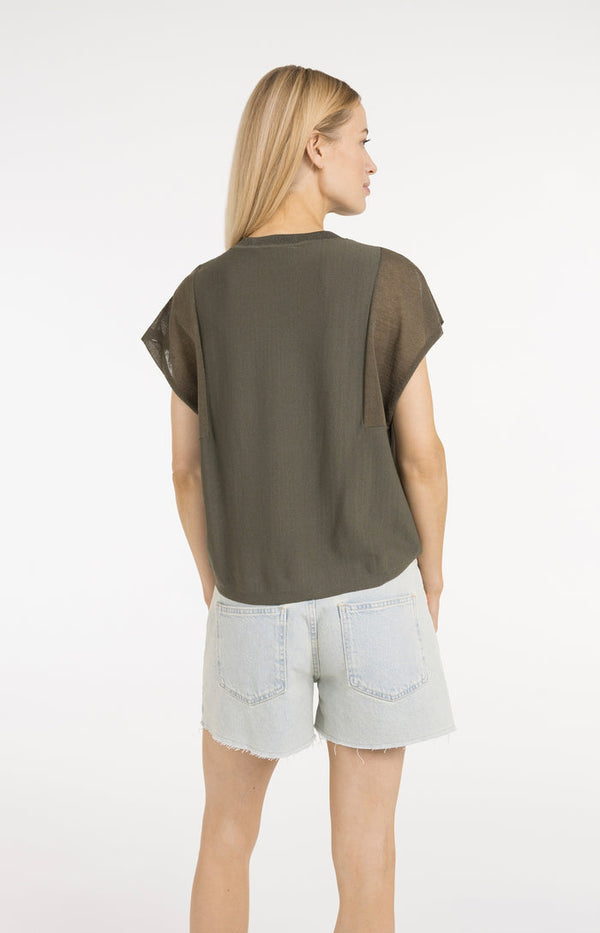 YAYA Top with Sheer Short Sleeves & Crew Neck - Army Green