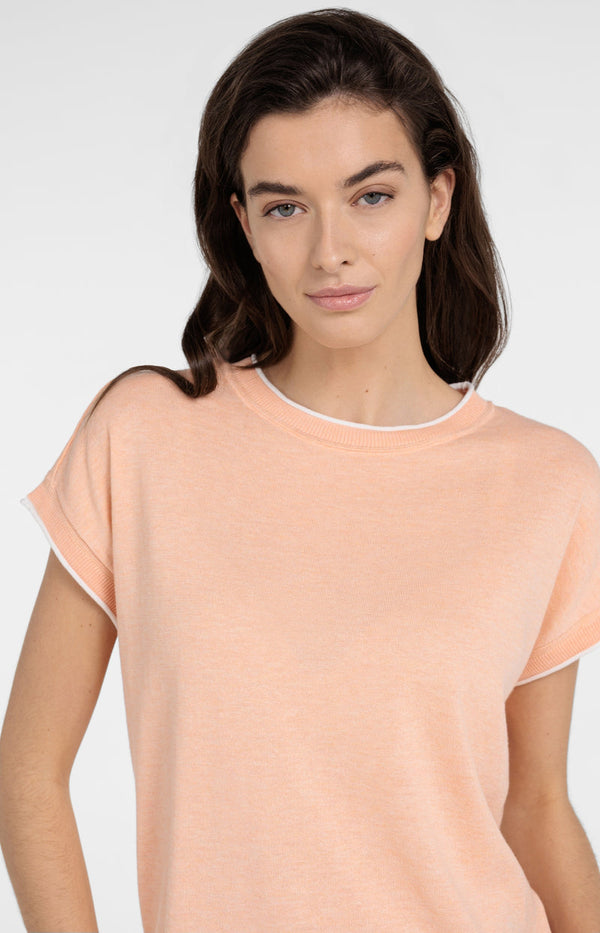 YAYA Short Sleeve Sweater with Stitch Details-Peach Palazzo Orange