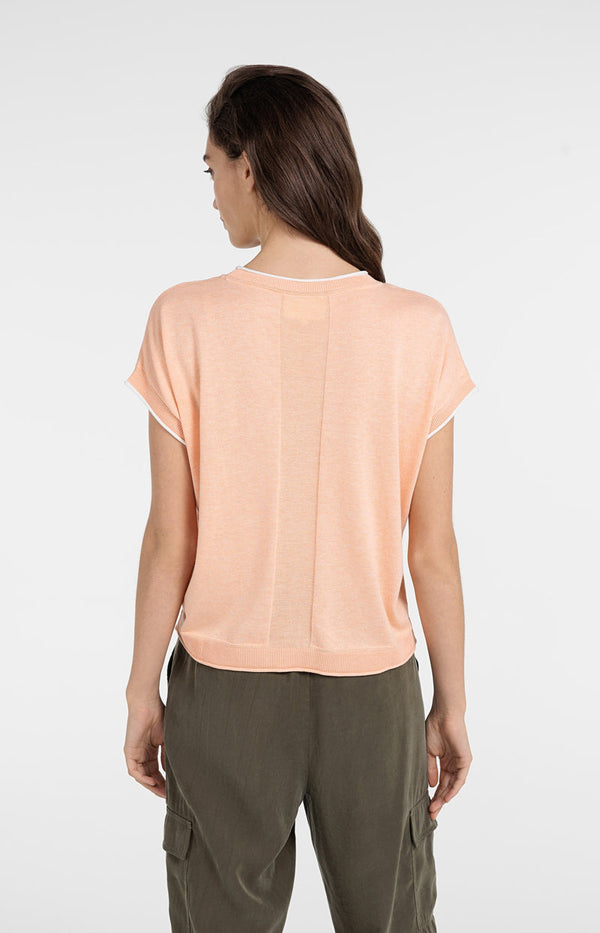 YAYA Short Sleeve Sweater with Stitch Details-Peach Palazzo Orange