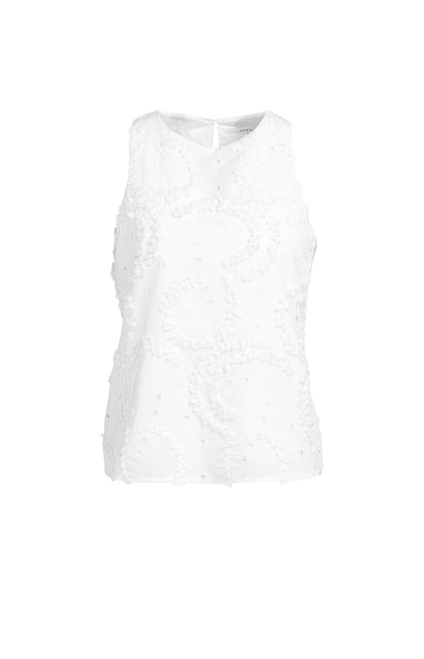 YAYA Embroidered Sleeveless Round Neckline Top - Snowfade White