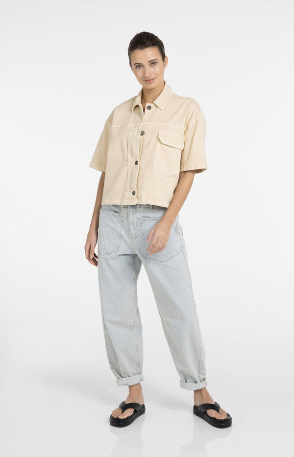 YAYA Oversized Denim Jacket with Short Sleeves -Warm Beige