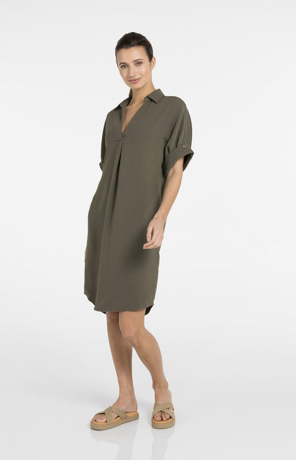 YAYA V-neck Dress with Pleated Sleeves & a Loose Fit - Army Green