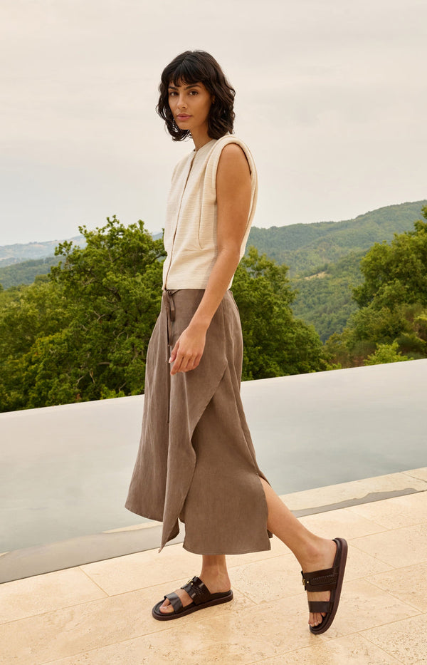 YAYA Midi Skirt with Wrap Effect & Tie belt - Washed Brown