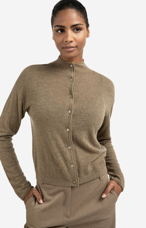 YAYA Knitted High Neck Cardigan - Capers Melange