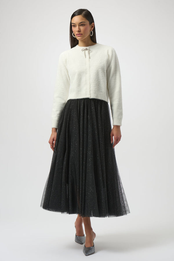 Joseph Ribkoff Feather Yarn Rhinestone Bow Cardigan