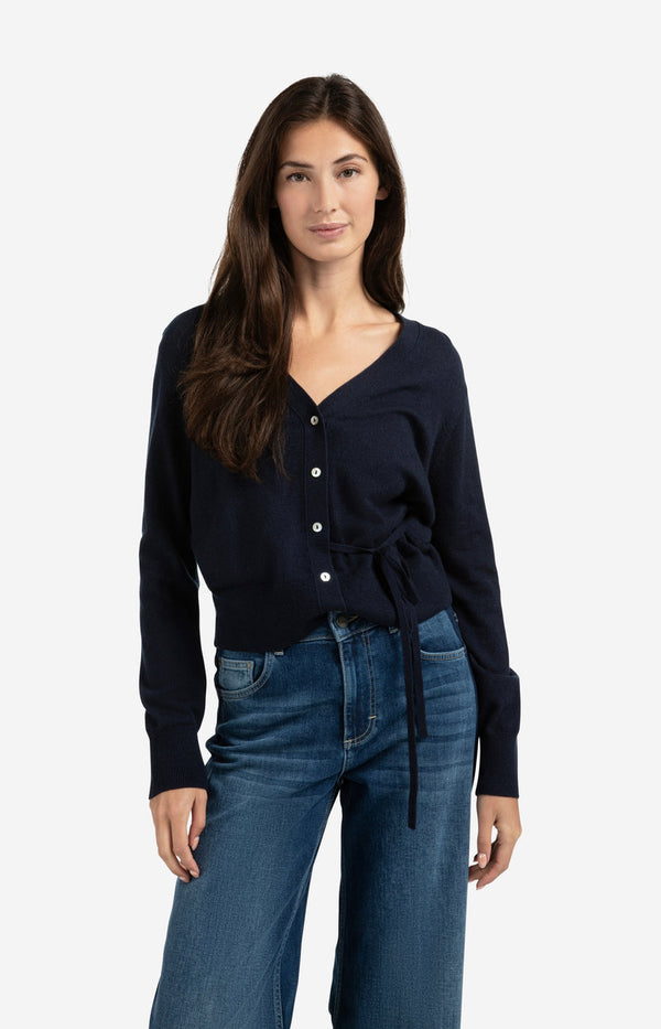 YAYA V-neck Tie Waist Cardigan - InkwellBlue