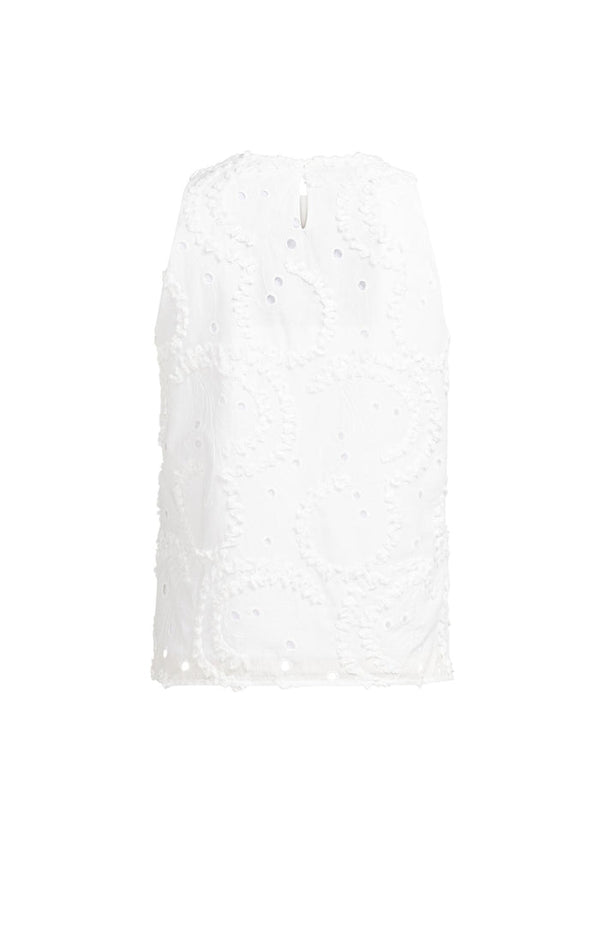 YAYA Embroidered Sleeveless Round Neckline Top - Snowfade White